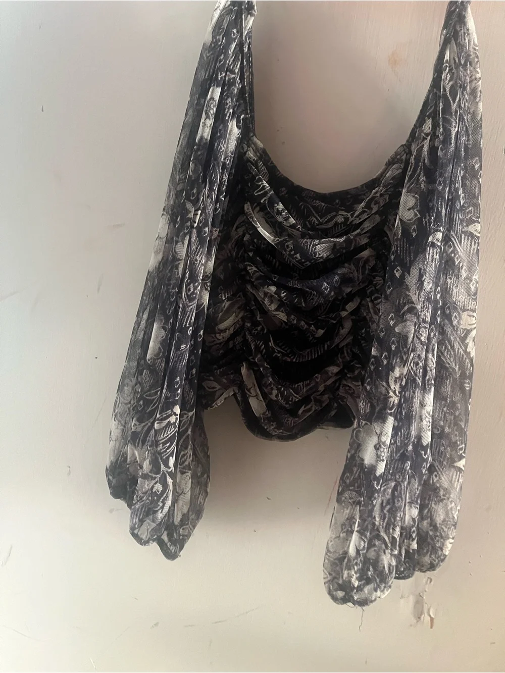 Free People Black Floral Ruched Mesh Sheer Balloon Sleeve Top s/p